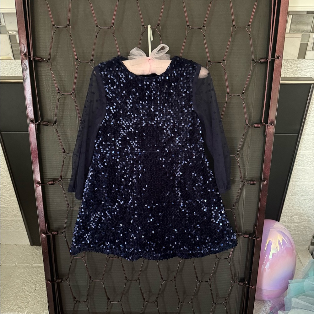 Du Pareil Au Meme Navy Blue Sequin Dress with Sheer Sleeves